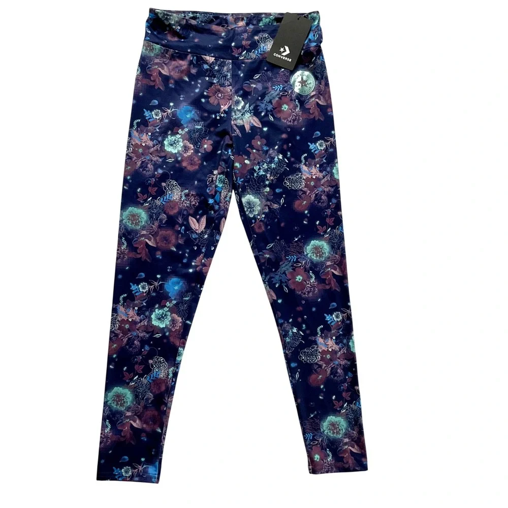 Converse All Star Kids Floral‎ Leggings Navy Blue Purple Teal Girls Large 12-13Y